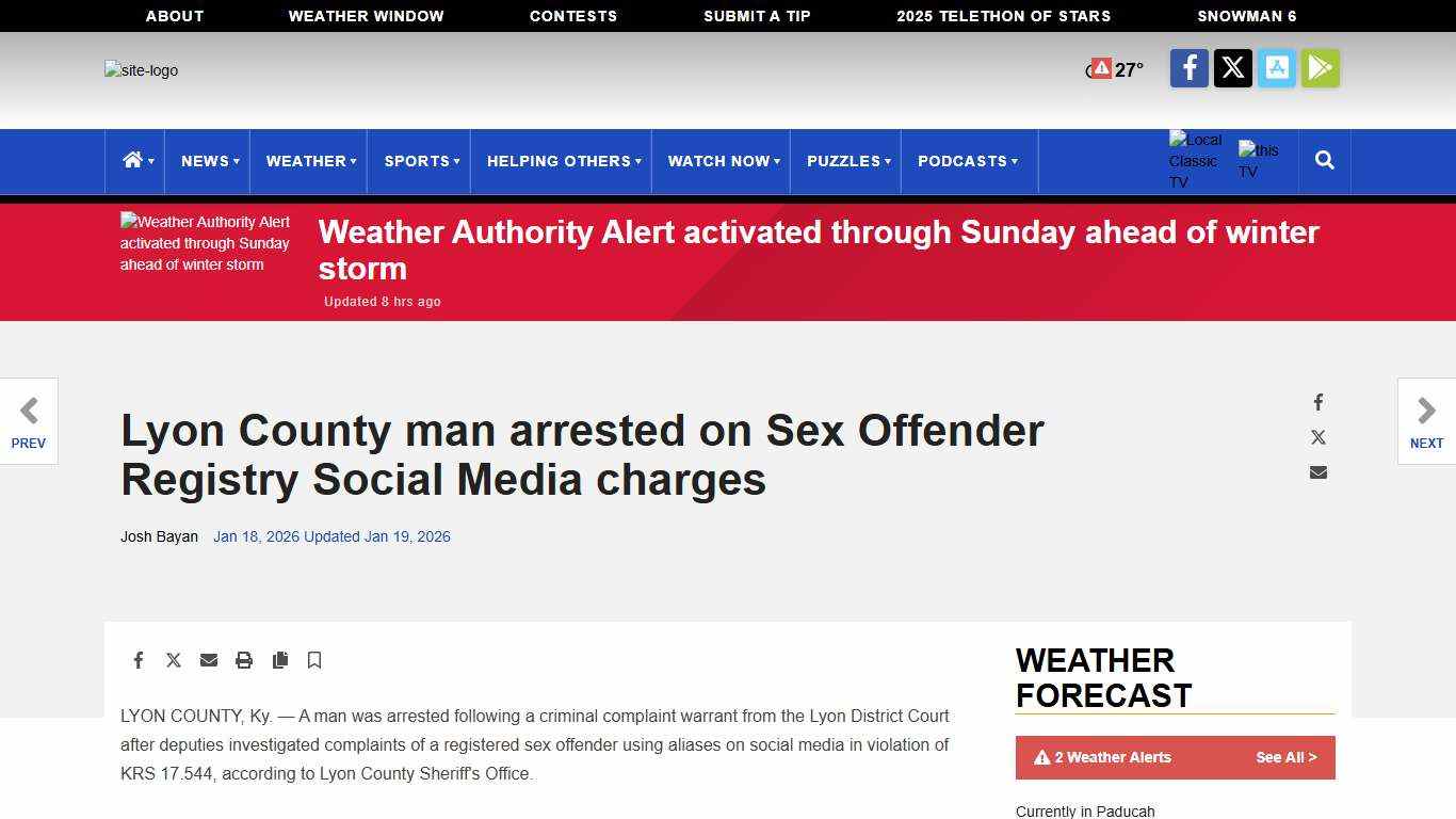 Lyon County man arrested on Sex Offender Registry Social Media charges <span class="tnt-section-tag no-link">News</span> WPSD Local 6