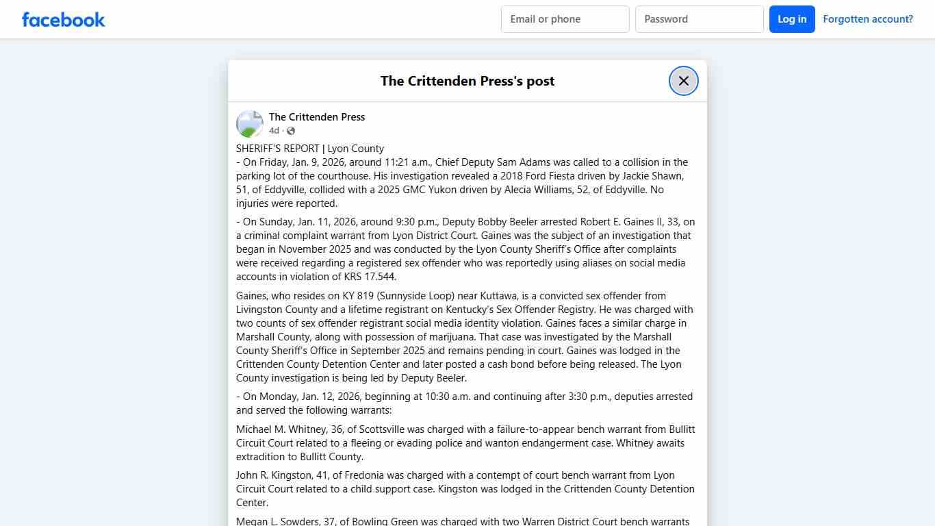 SHERIFF'S REPORT Lyon County -... - The Crittenden Press Facebook